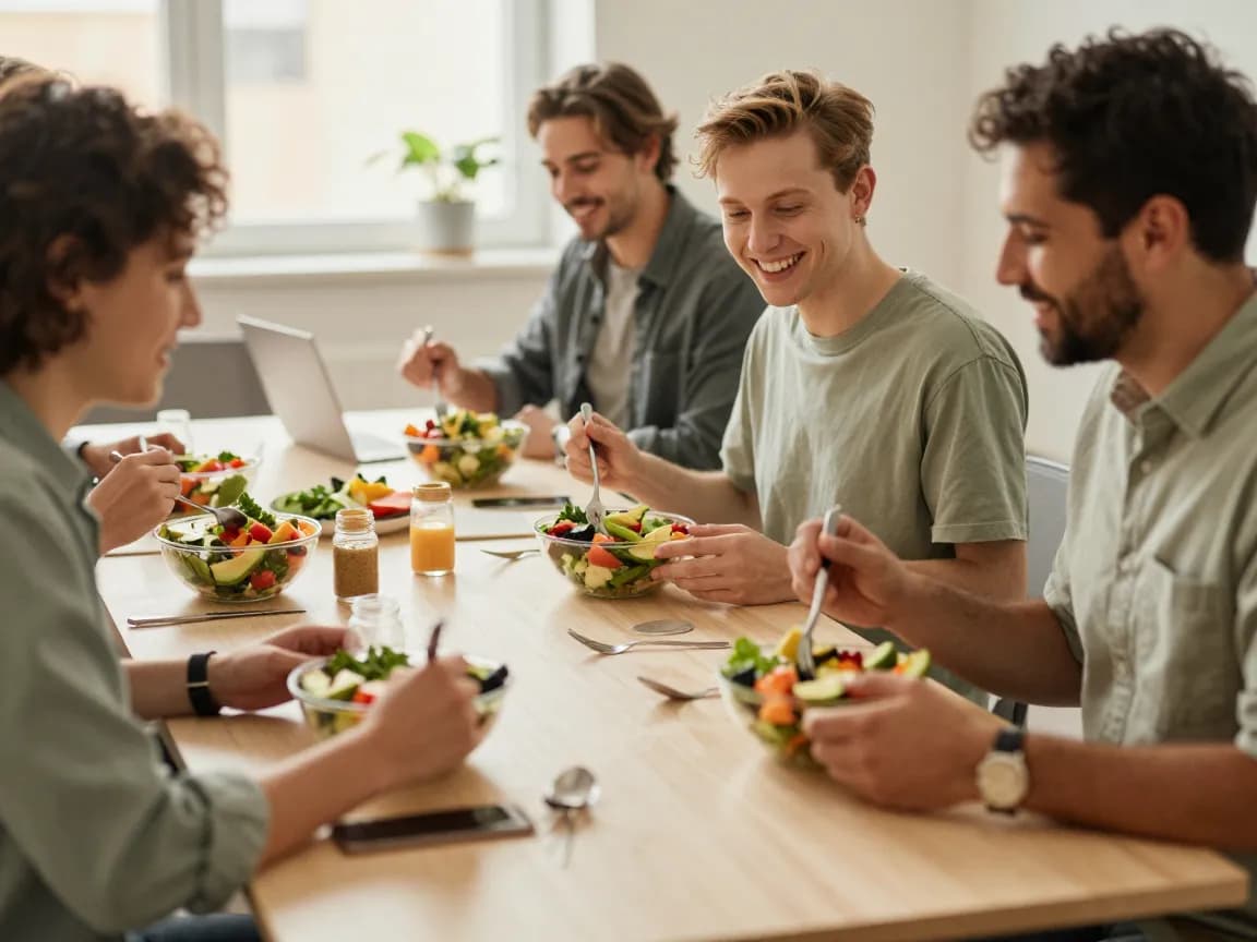 Pracownicy firmy jedzą wspólnie zdrowy lunch