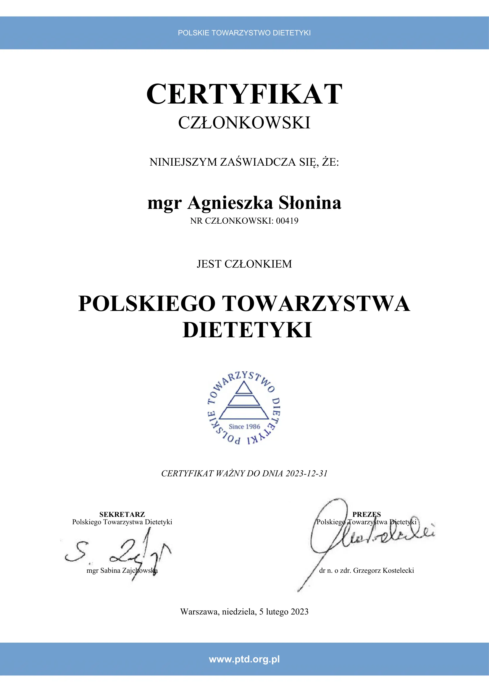 Certificate of the Polish Diabetes Association