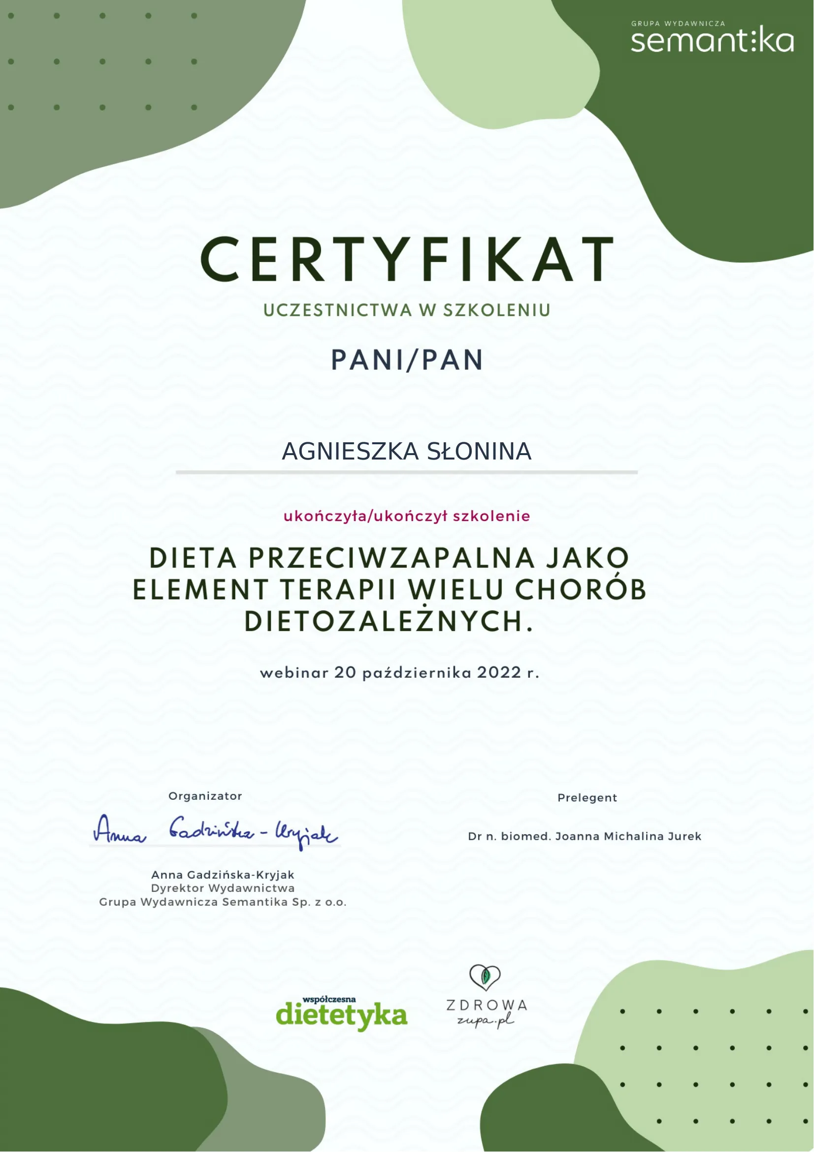 Certificate: Anti-inflammatory diet