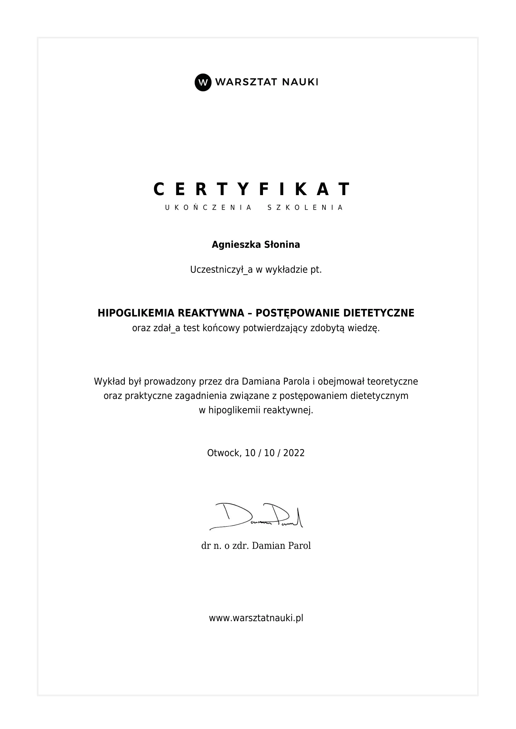 Certificate: Reactive hypoglycemia