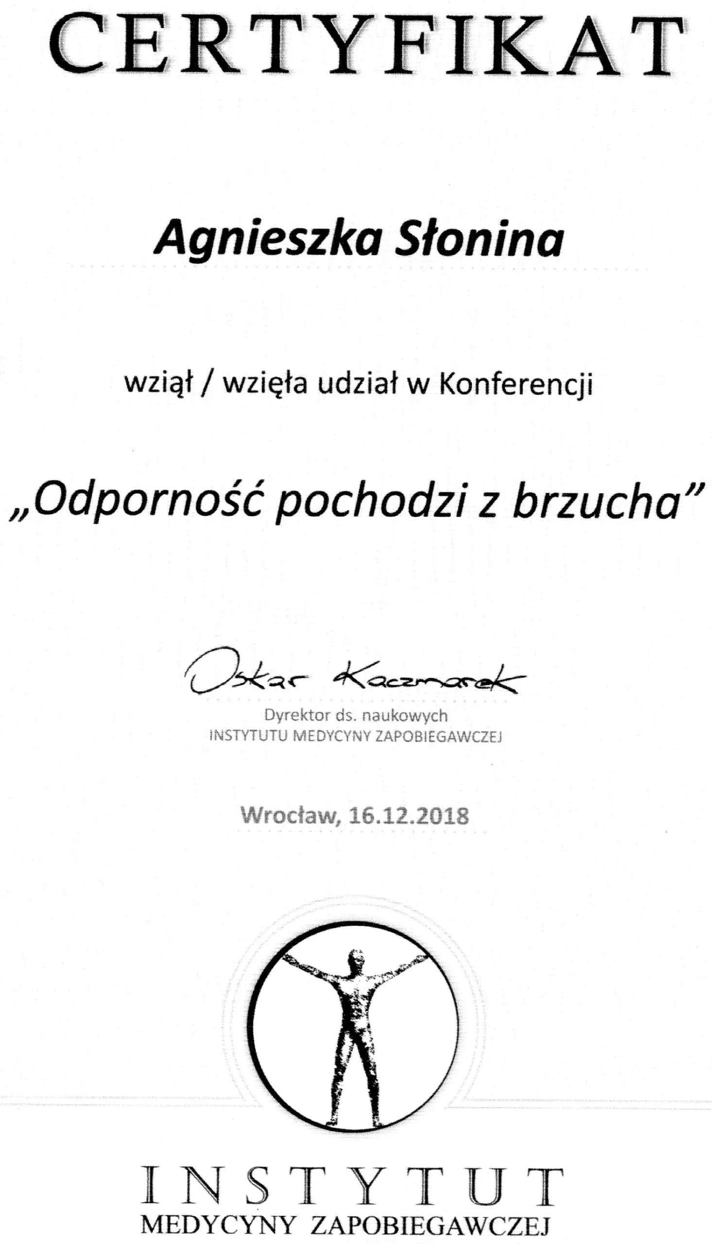 Certificate: Immunity starts in the gut