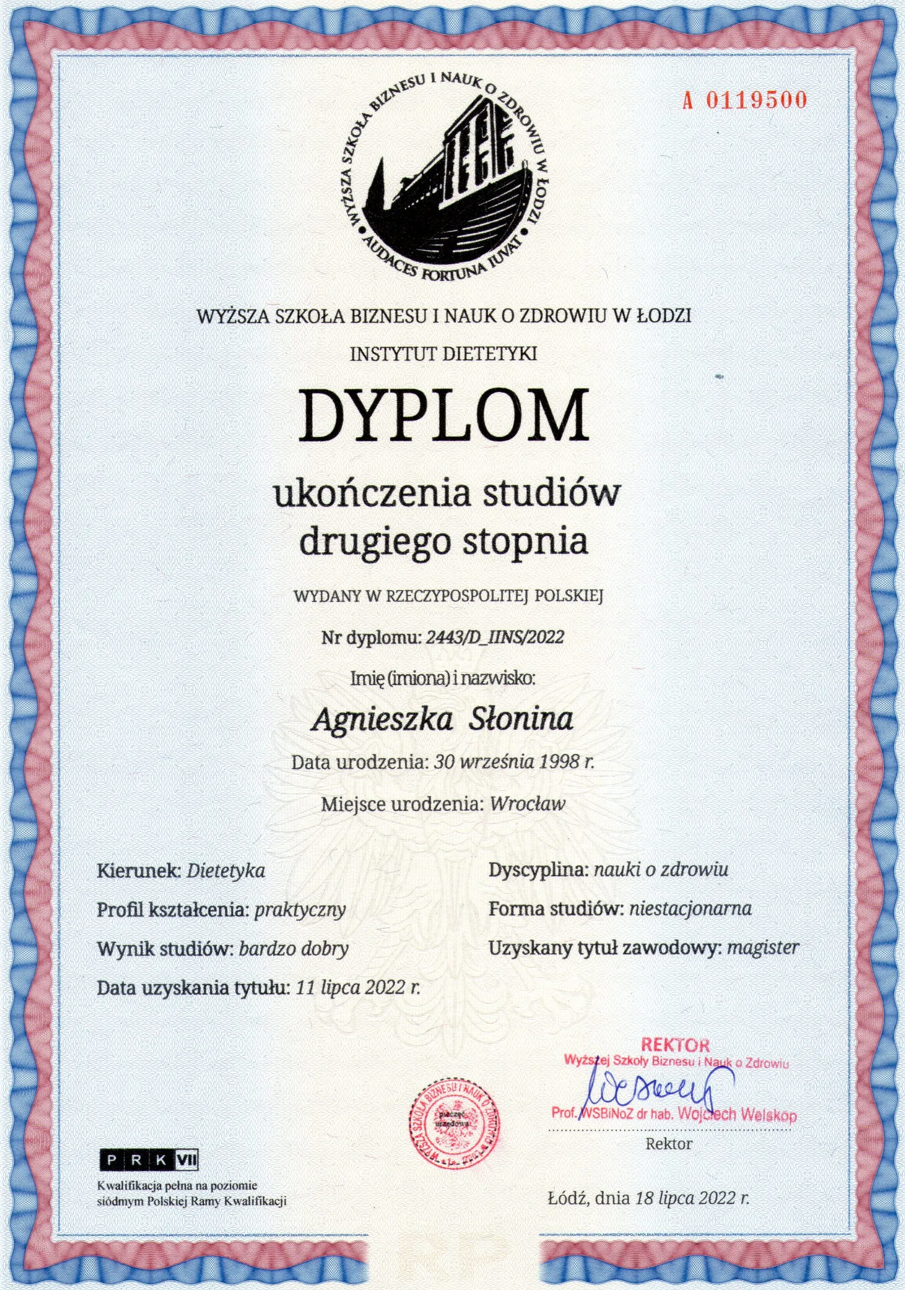 Master's diploma in dietetics